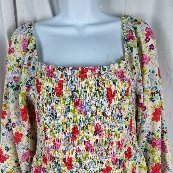 Lauren Conrad Floral Smocked Midi Dress With Tie Sleeve Details & Square Necklin - Picture 2 of 8